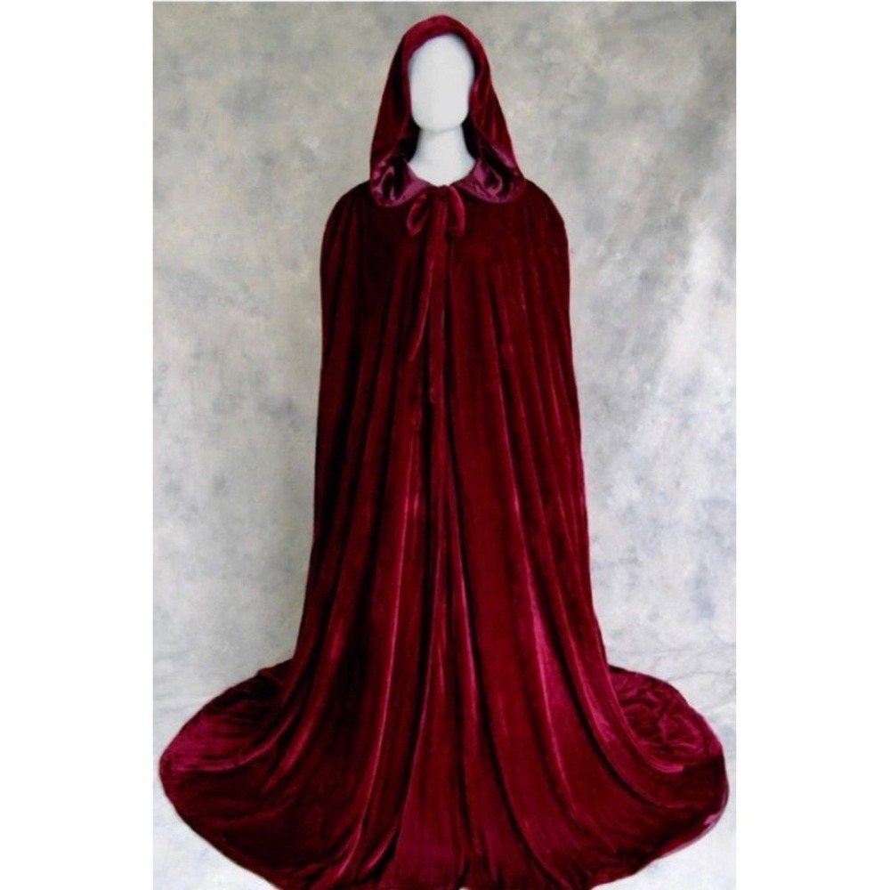 Charades Burgundy Crushed Velvet Hooded Cloak Adult OS Costume Cape 00985